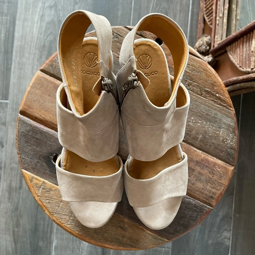 COCLICO Taupe Suede Platform Sandals with Ankle Zip